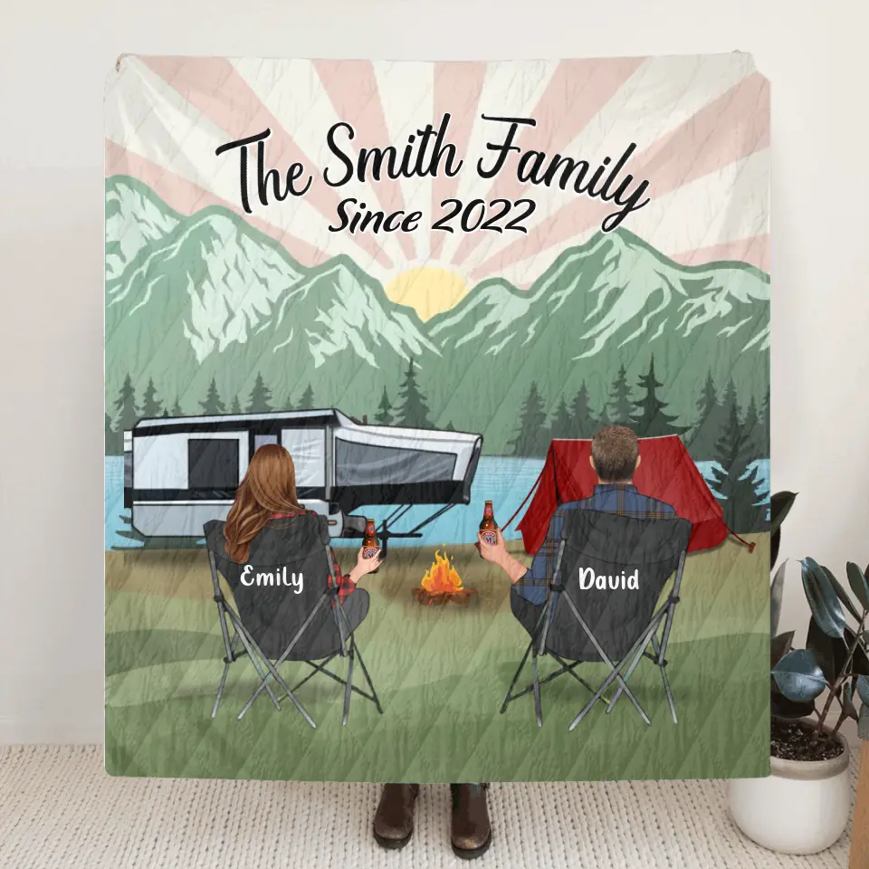 Custom Camping Quilt/Fleece Throw Blanket - Gift Idea For Couple, Camping Lovers, Family - Up to 3 Kids, 3 Pets - The Smith Family Since 2022