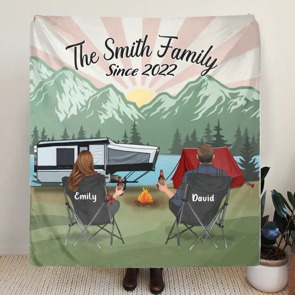 Custom Camping Quilt/Fleece Throw Blanket - Gift Idea For Couple, Camping Lovers, Family - Up to 3 Kids, 3 Pets - The Smith Family Since 2022