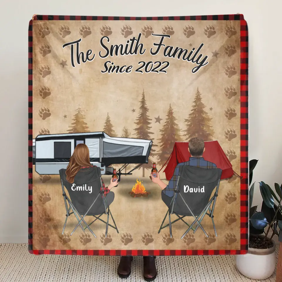 Custom Camping Quilt/Fleece Throw Blanket - Gift Idea For Couple, Camping Lovers, Family - Up to 3 Kids, 3 Pets