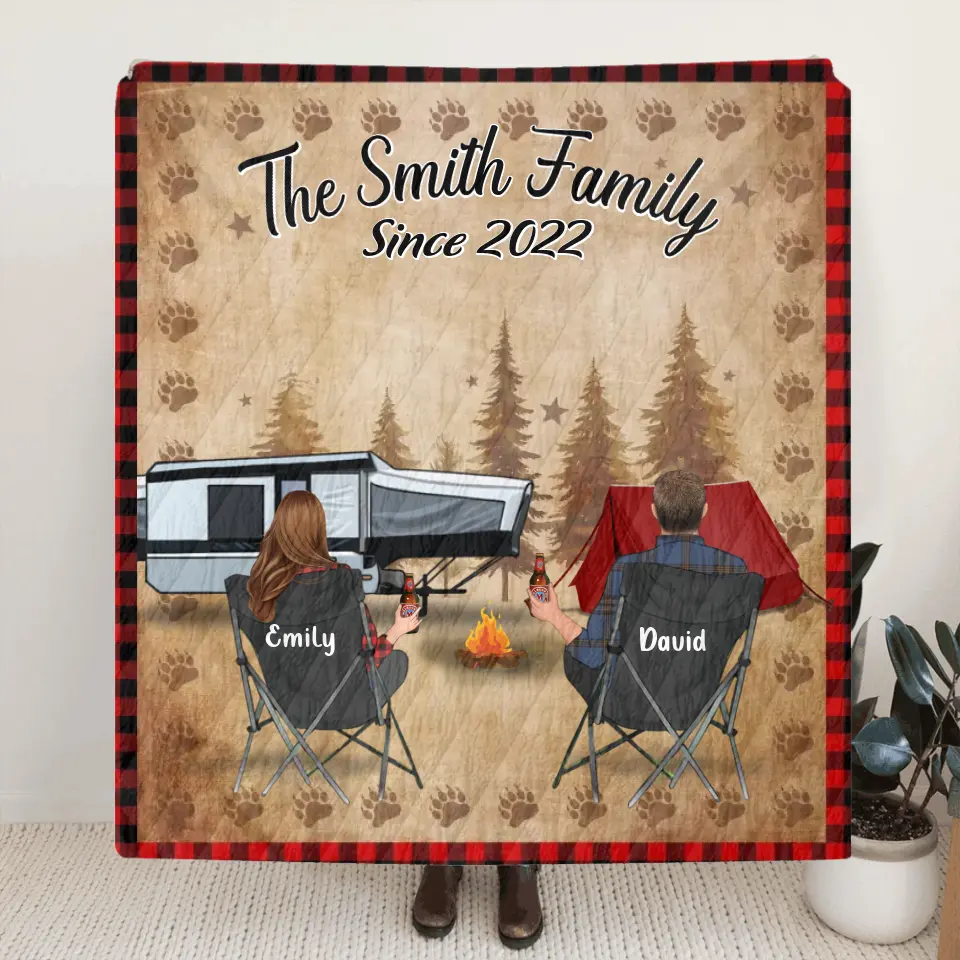Custom Camping Quilt/Fleece Throw Blanket - Gift Idea For Couple, Camping Lovers, Family - Up to 3 Kids, 3 Pets
