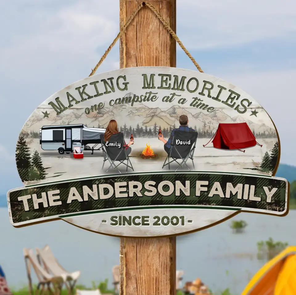 Personalized Camping Family Wooden Sign - Gift Idea For Couple Camping Lovers - Couple/Adult With Up to 3 Kids And 3 Pets