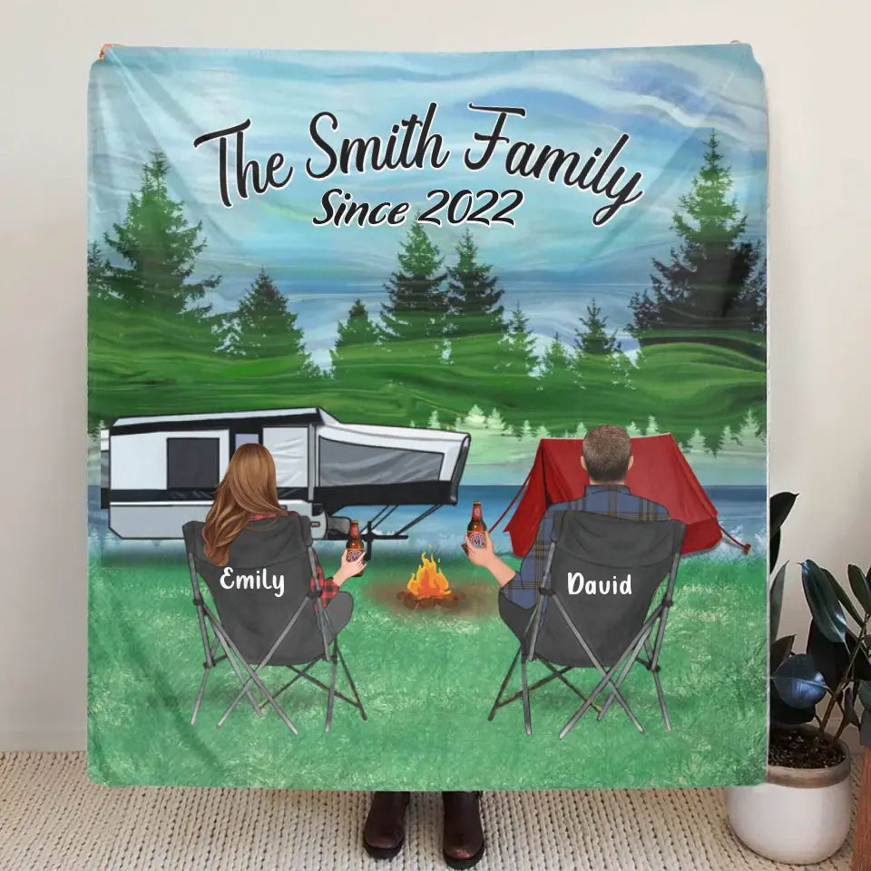 Personalized Camping Quilt/Fleece Throw Blanket - Gift Idea For Couple, Camping Lovers, Family - Up to 3 Kids, 3 Pets