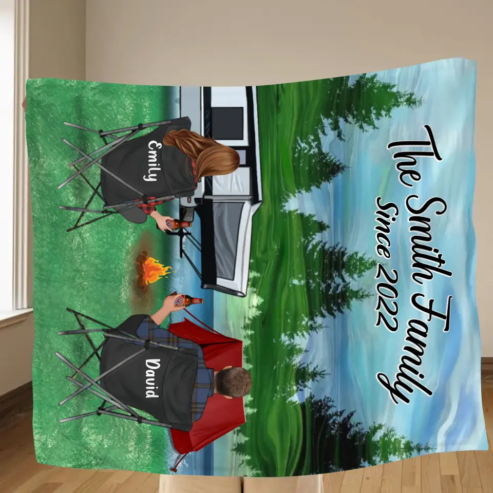 Personalized Camping Quilt/Fleece Throw Blanket - Gift Idea For Couple, Camping Lovers, Family - Up to 3 Kids, 3 Pets