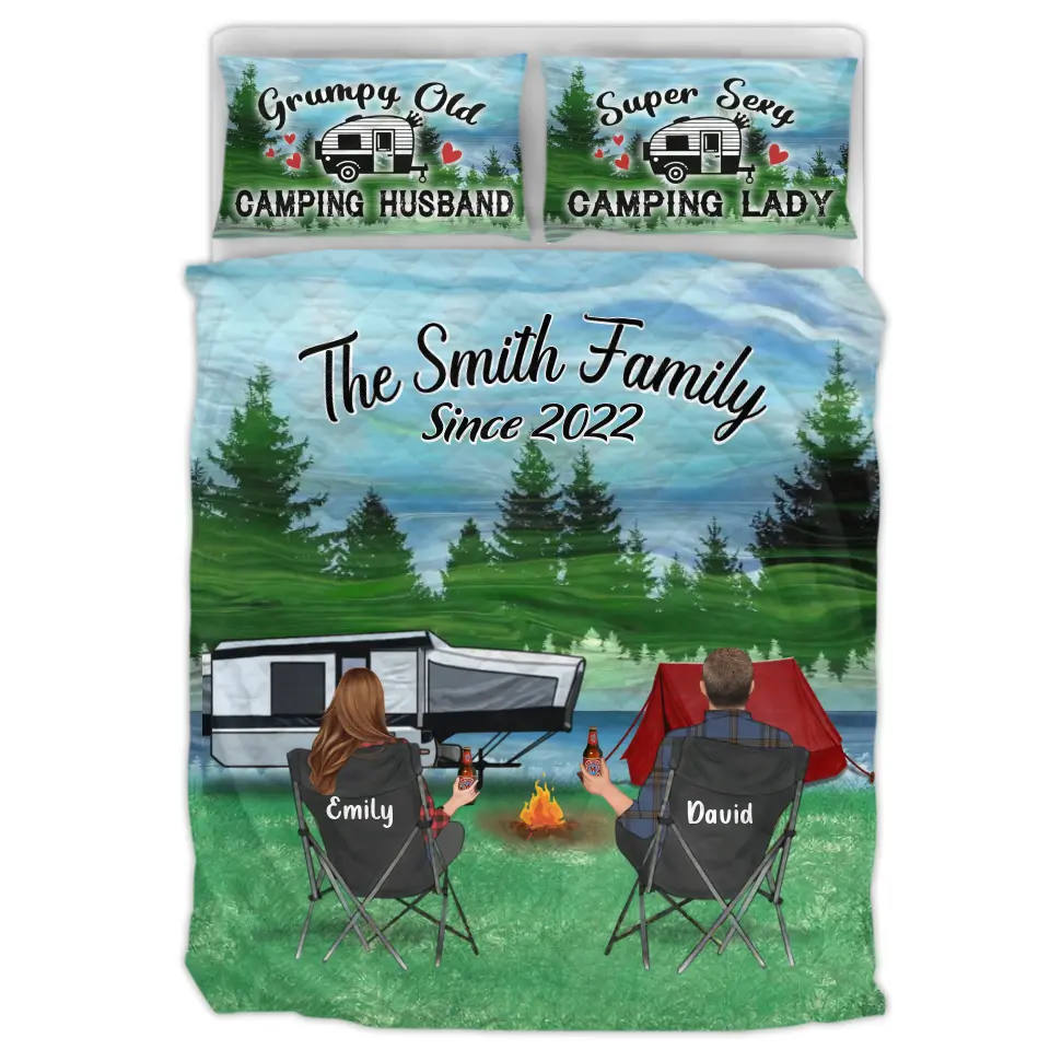 Personalized Camping Quilt Bed Sets - Gift Idea For Couple, Camping Lovers, Family - Up to 3 Kids, 3 Pets