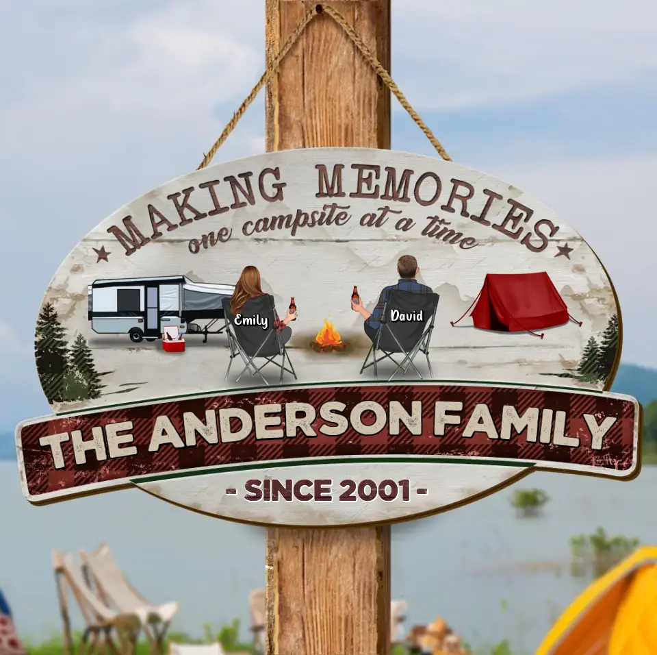 Personalized Camping Family Wooden Sign - Gift Idea For Couple Camping Lovers - Couple/Adult With Up to 3 Kids And 3 Pets