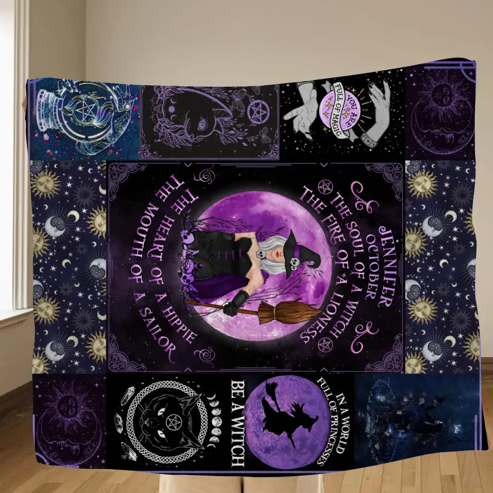 Personalized Witch Fleece Throw Blanket & Quilt - Halloween Gift Idea For Witch Lovers - October Woman The Soul of A Witch The Fire Of A Lioness