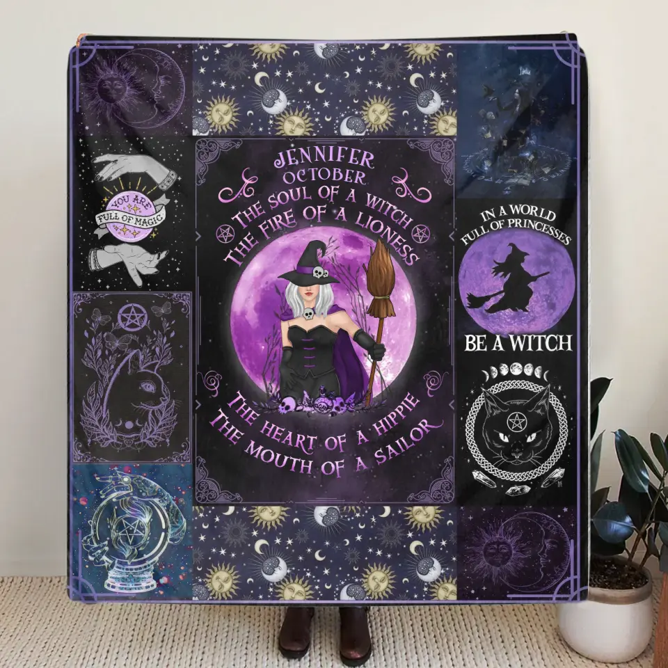 Personalized Witch Fleece Throw Blanket & Quilt - Halloween Gift Idea For Witch Lovers - October Woman The Soul of A Witch The Fire Of A Lioness