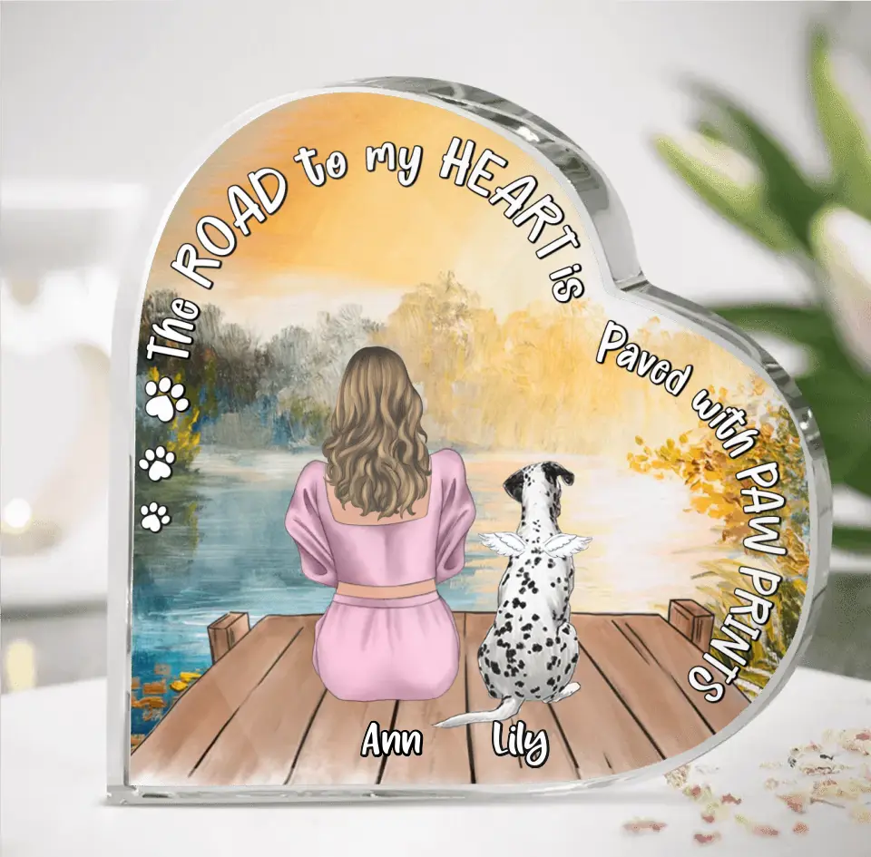 Personalized Pet Mom Crystal Heart - Up to 4 Dogs/Cats - Memorial Gift Idea for Dog/Cat Owners - The Road To My Heart Is Paved With Paw Prints