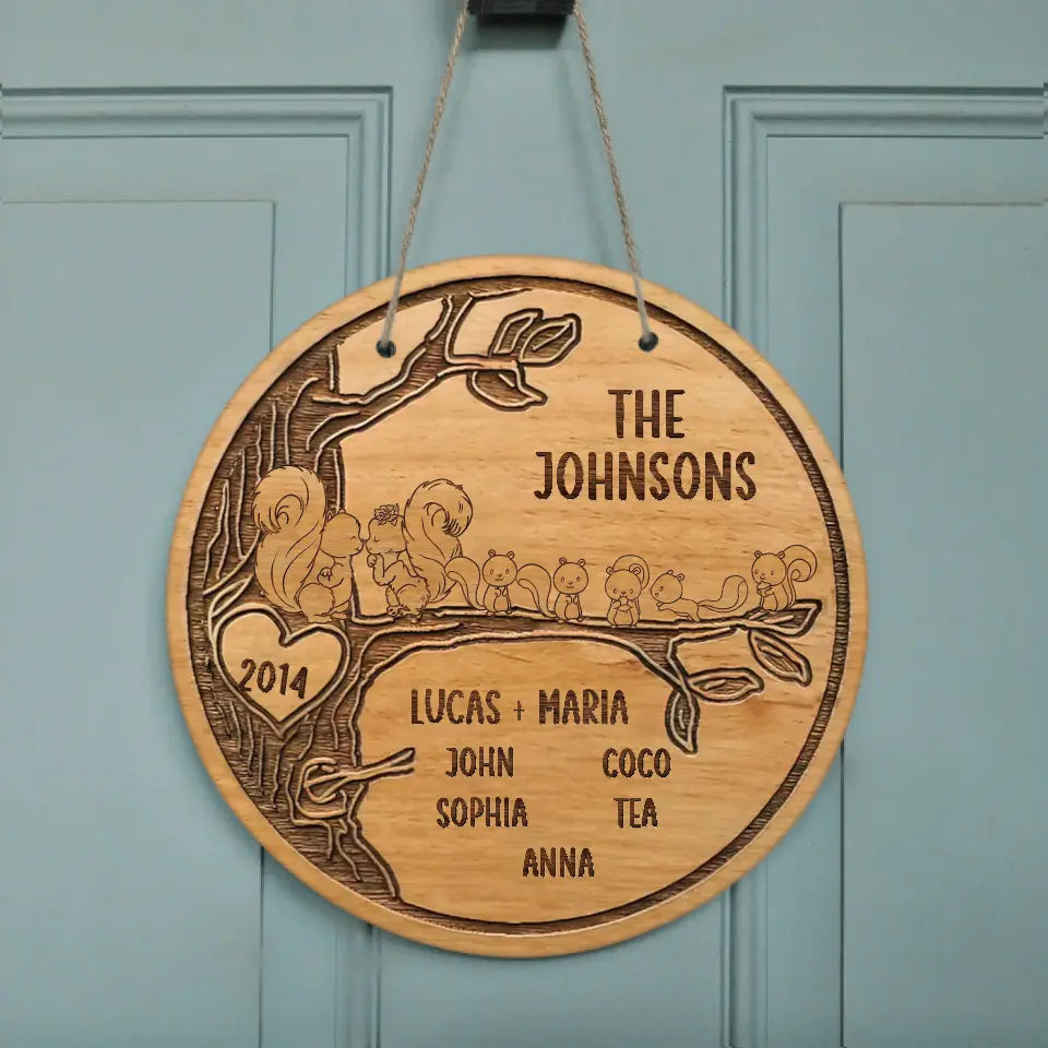 Personalized Couple Family Circle Wooden Sign - Adult/Couple With Up to 7 Kids - Gift Idea For Owl/Bird/Squirrel Lover