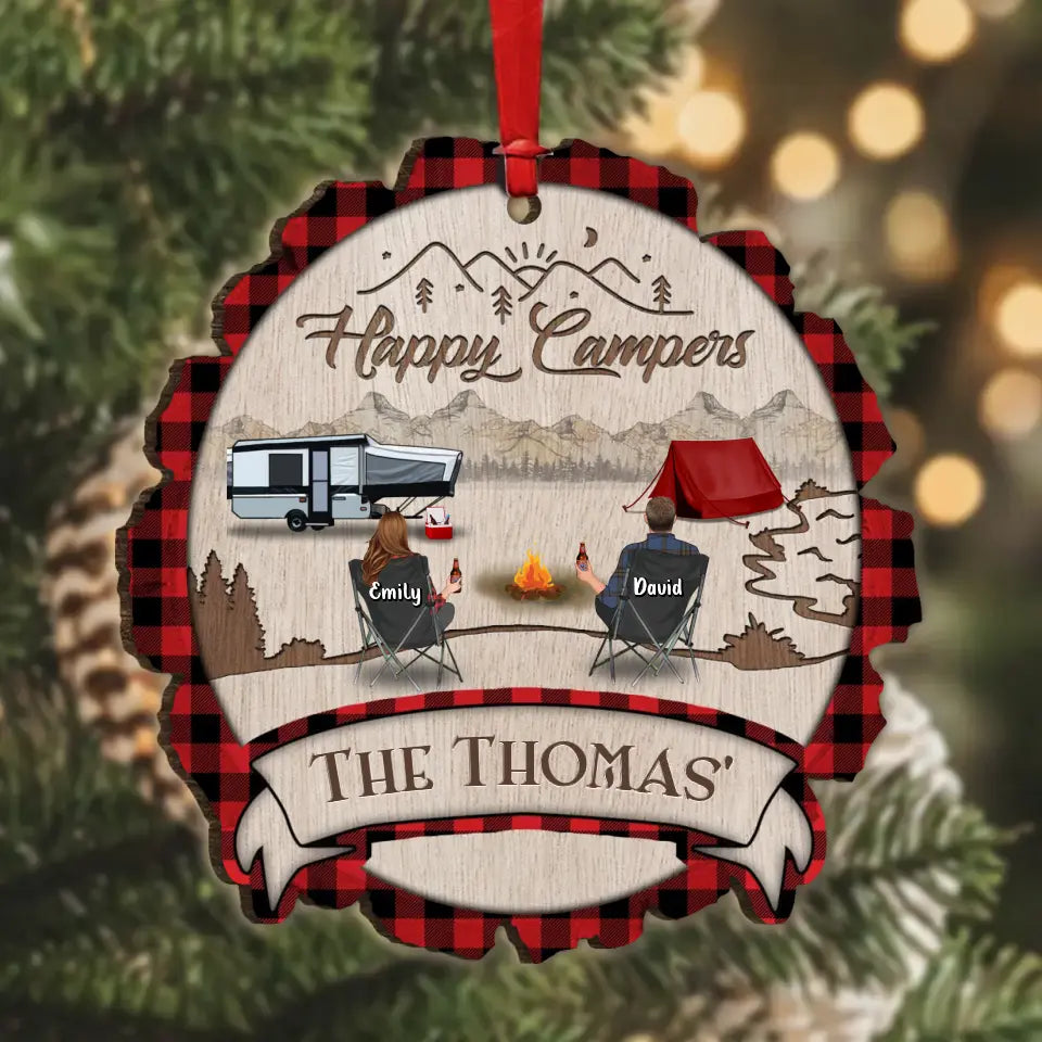 Personalized Camping Wooden Ornament - Couple/Parents With Up to 2 Kids And 3 Pets - Christmas Gift Idea For Family/Camping Lovers - Happy Campers