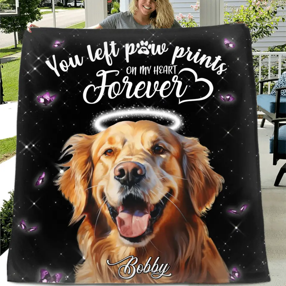 Personalized Memorial Pet Photo Fleece Throw Blanket & Quilt - Custom Pet Portrait - Memorial Gift Idea For Dog/Cat Lover - You Left Paw Prints On My Heart Forever