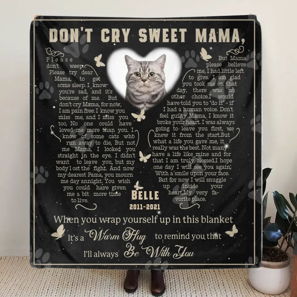 Personalized Memorial Fleece Throw Blanket & Quilt - Memorial Gift Idea For Pet Lover - Upload Photo - Don't Cry Sweet Mama