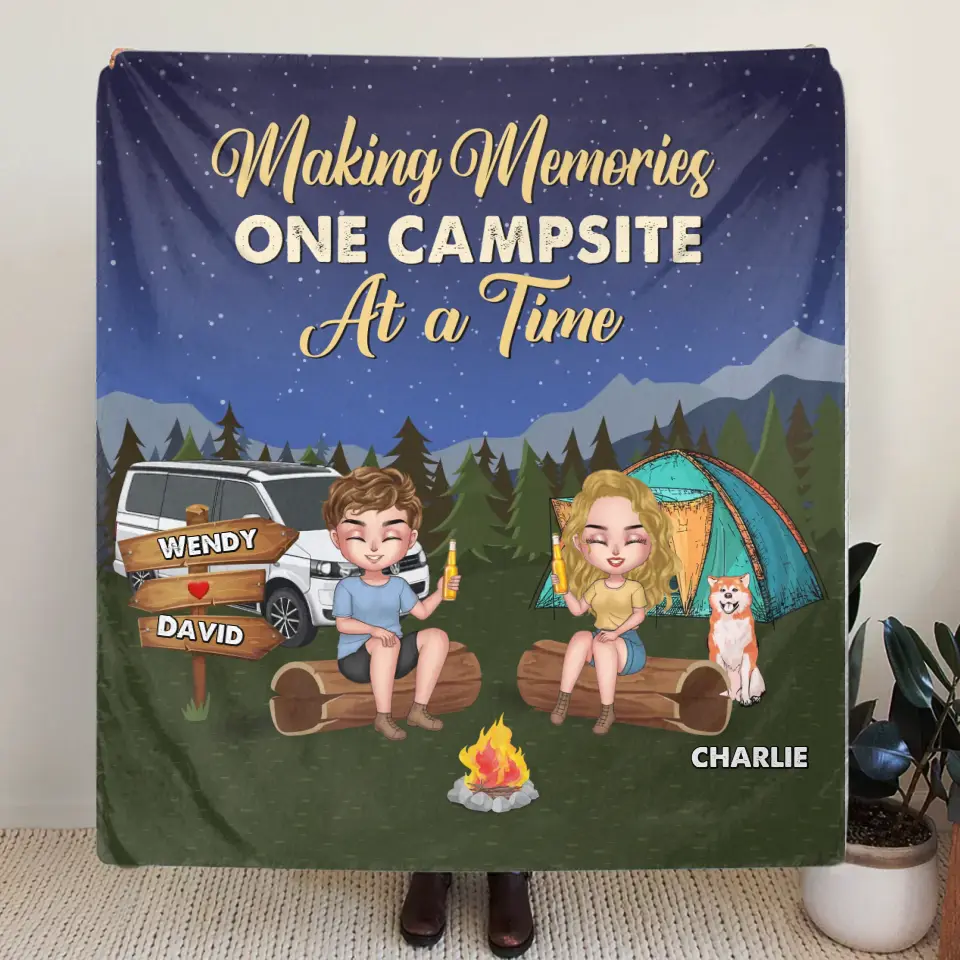 Personalized Camping Fleece Throw Blanket & Quilt - Gift Idea For Couple/Dog Lovers - Making Memories One Campsite At A Time