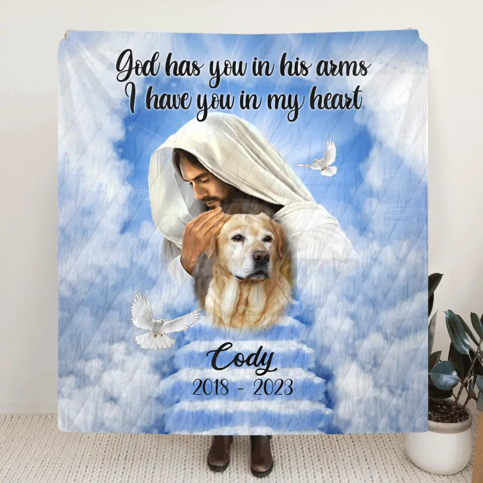 Personalized Memorial Pet Fleece Throw Blanket & Quilt - Upload Photo - Memorial Gift Idea For Pet Owners - God Has You In His Arms I Have You In My Heart