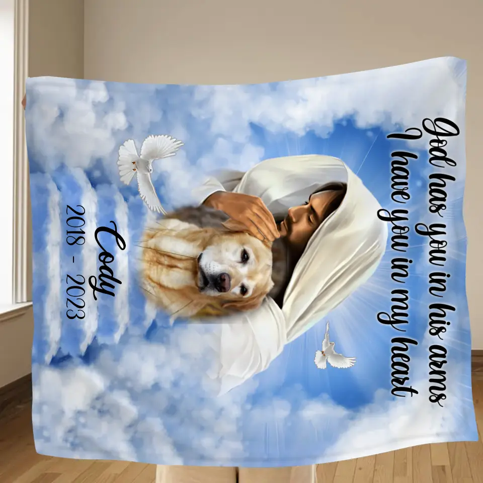 Personalized Memorial Pet Fleece Throw Blanket & Quilt - Upload Photo - Memorial Gift Idea For Pet Owners - God Has You In His Arms I Have You In My Heart