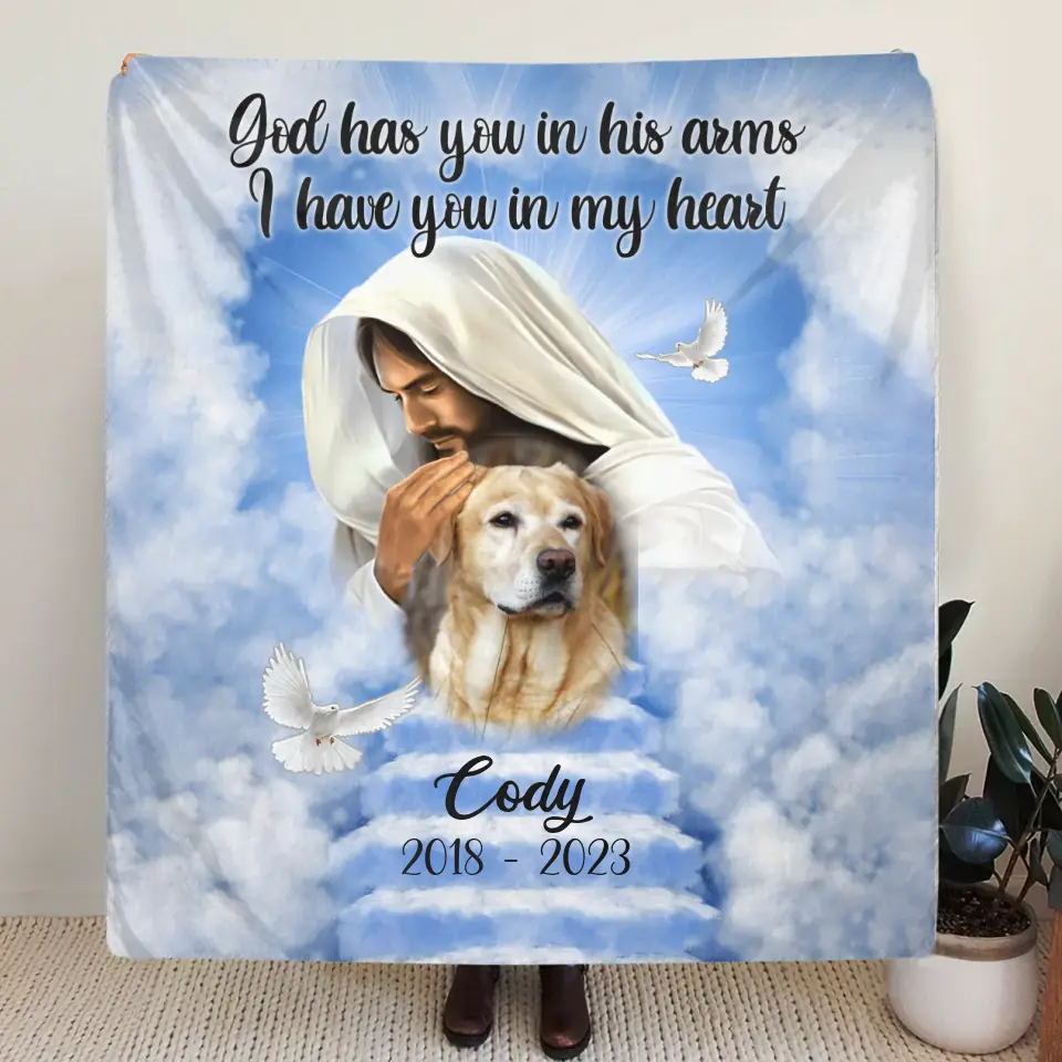 Personalized Memorial Pet Fleece Throw Blanket & Quilt - Upload Photo - Memorial Gift Idea For Pet Owners - God Has You In His Arms I Have You In My Heart