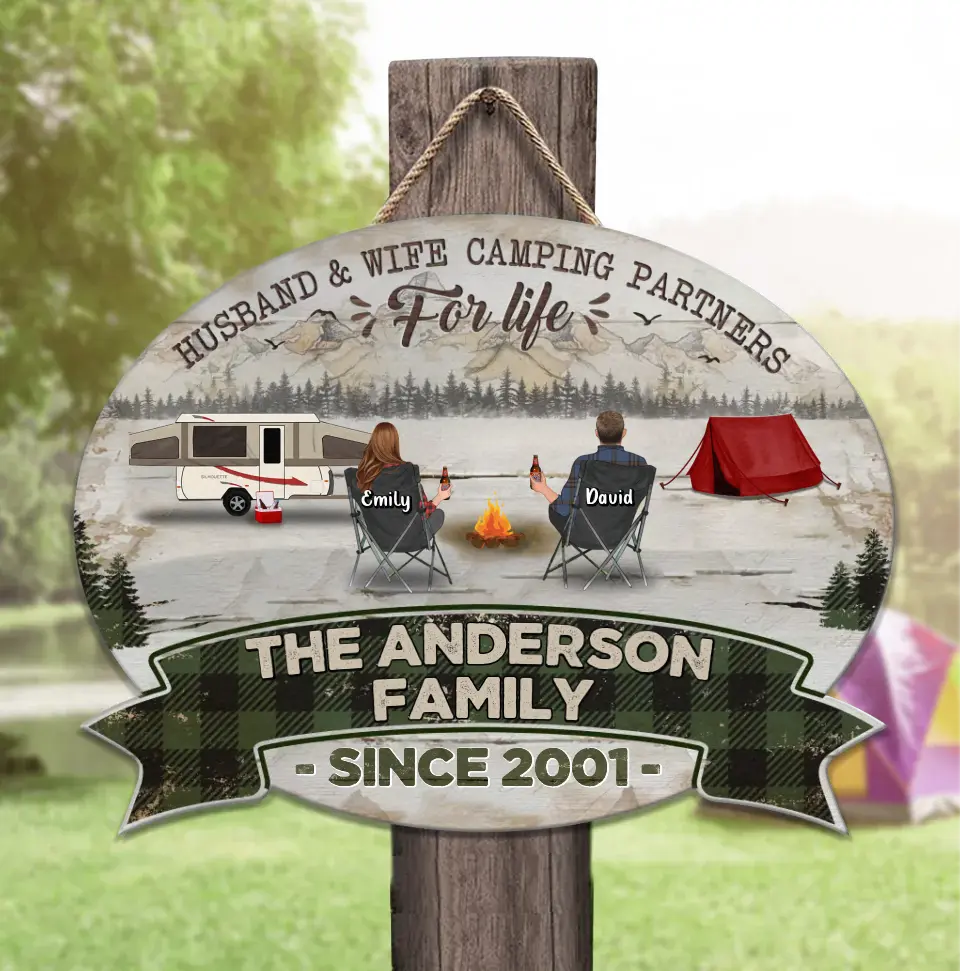 Personalized Camping Wooden Sign - Gift Idea For Camping Lovers/Couple/Family - Husband & Wife Camping Partners For Life