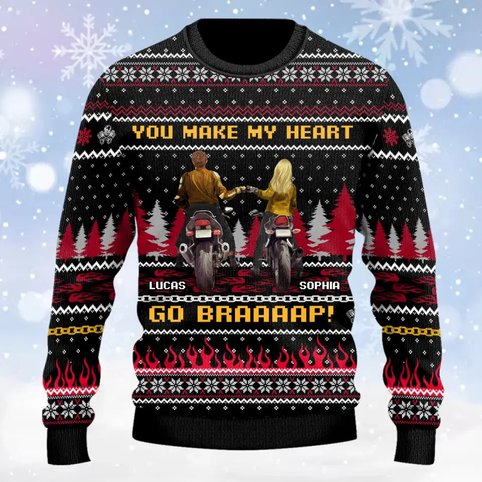 Custom Personalized Motorcycle Couple AOP Sweater - Gift Idea For Couple/ Motorbike Lovers - You Make My Heart Go Braaaap