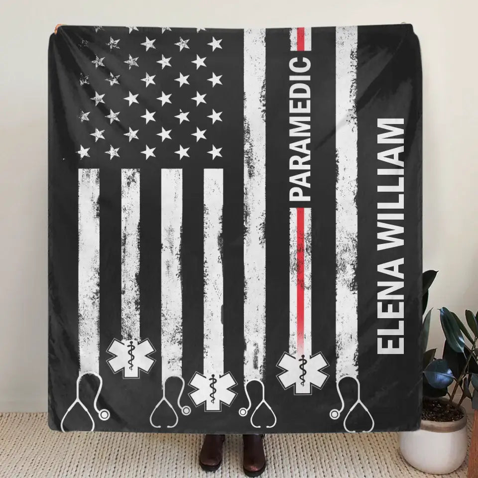 Personalized US Healthcare Worker Fleece Throw Blanket & Quilt - Gift Idea For Paramedic/Colleague