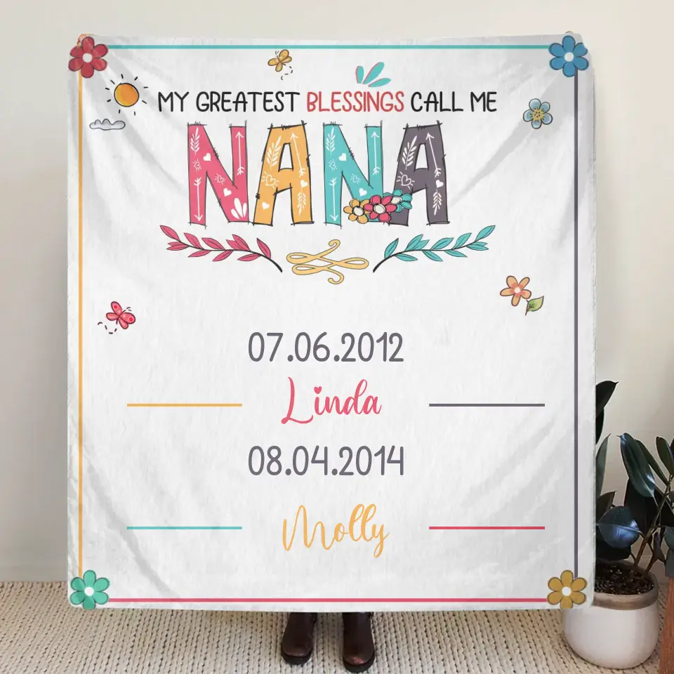 Personalized Grandma Quilt/Fleece Throw Blanket - Gift Idea For Grandma - Up to 6 Grandkids -  My Greatest Blessings Call Me Nana