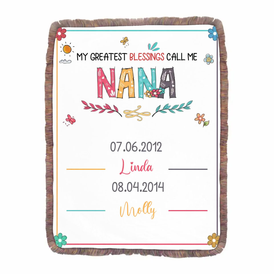 Personalized Grandma Fringe Blanket - Gift Idea For Grandma - Up to 6 Grandkids - My Greatest Blessings Call Me Nana