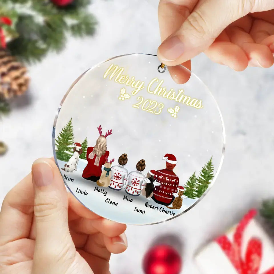 Personalized Family & Pet Circle Acrylic Ornament - Up to 2 Kids, 4 Pets - Christmas Gift Idea For Family/Pet Lovers - Merry Christmas 2026