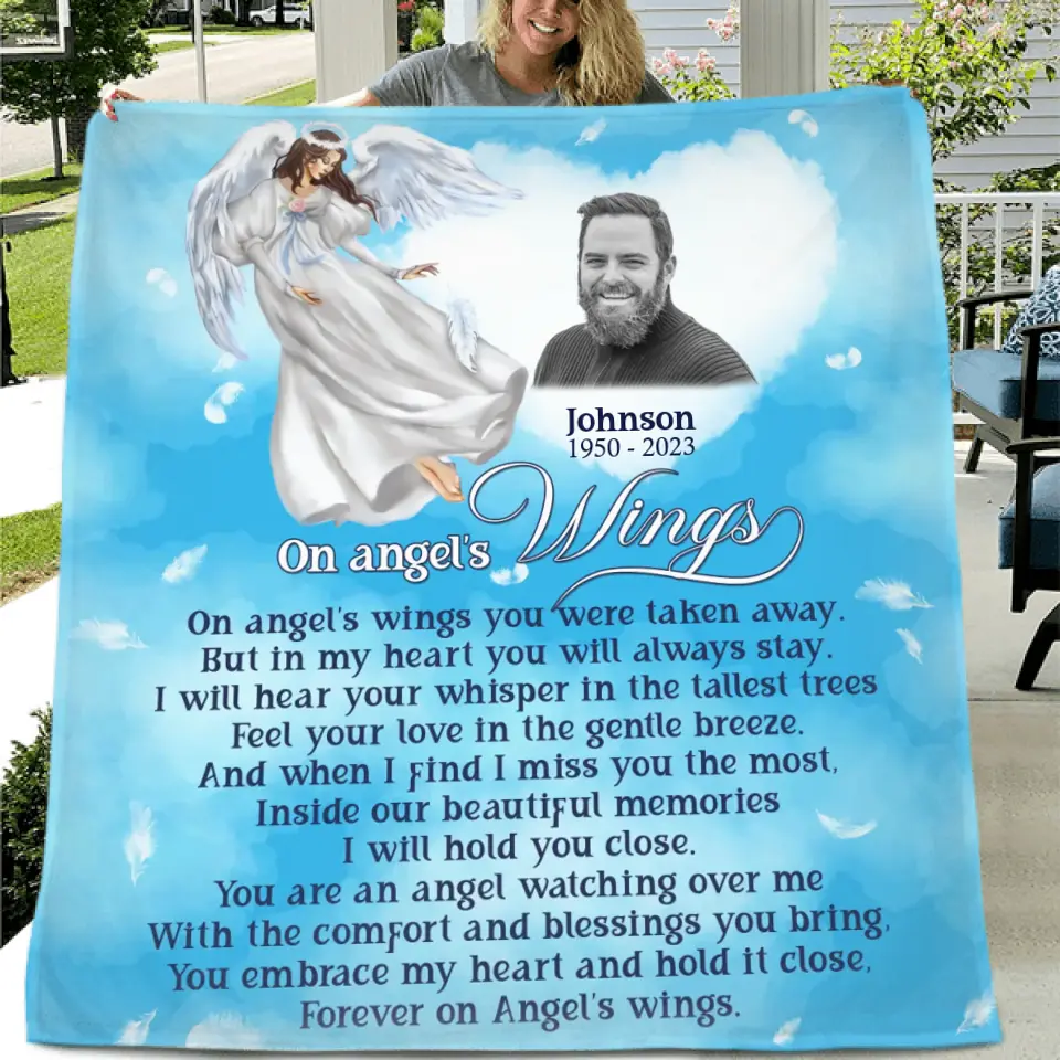 Personalized Memorial Fleece Throw Blanket & Quilt - Upload Photo - Memorial Gift Idea For Family Member - Forever On Angel's Wings
