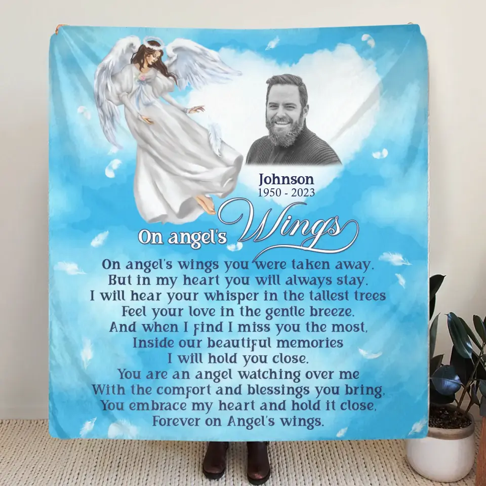 Personalized Memorial Fleece Throw Blanket & Quilt - Upload Photo - Memorial Gift Idea For Family Member - Forever On Angel's Wings
