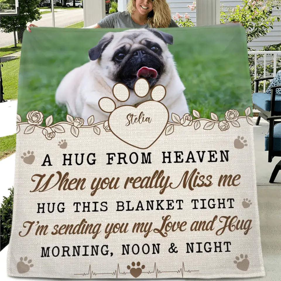 Personalized Memorial Pet Fleece Throw Blanket & Quilt - Upload Photo - Memorial Gift Idea For Pet Owners - A Hug From Heaven