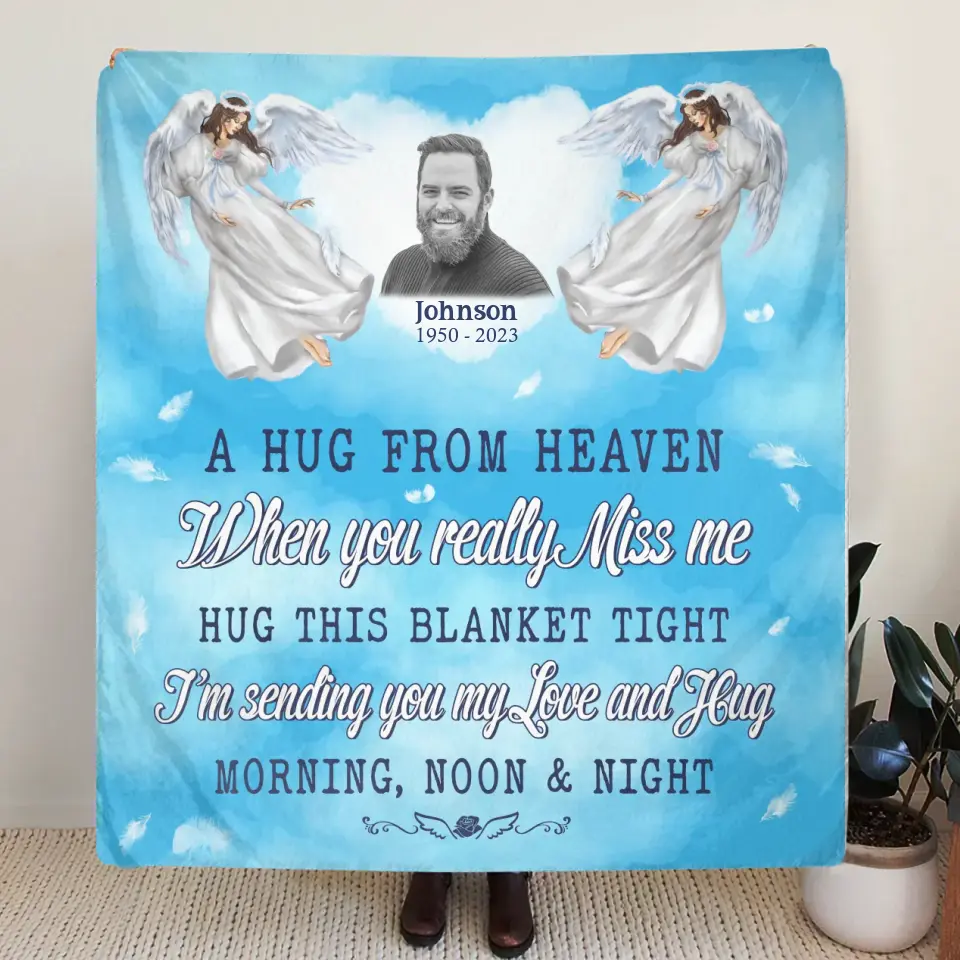 Personalized Memorial Fleece Throw Blanket & Quilt - Upload Photo - Memorial Gift Idea For Family Member - A Hug From Heaven