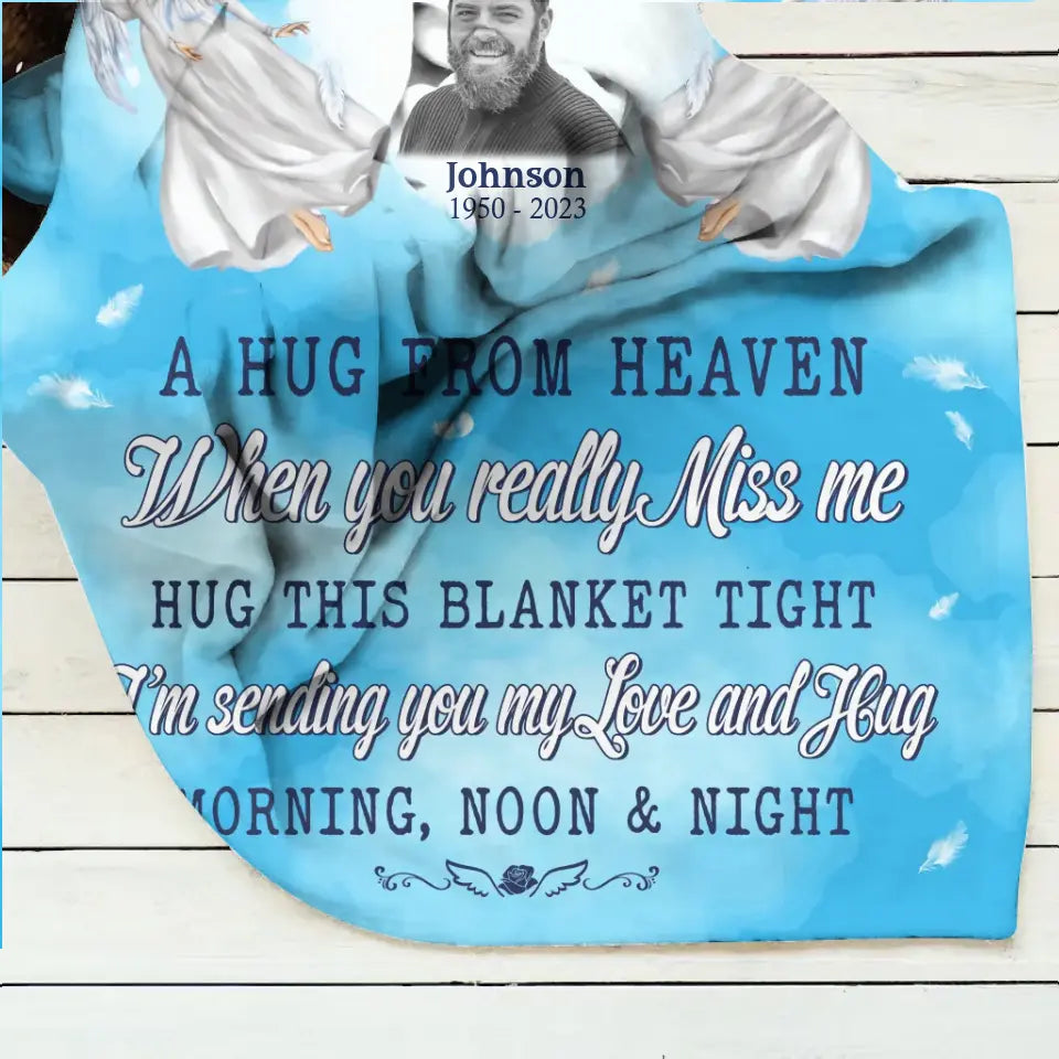 Personalized Memorial Fleece Throw Blanket & Quilt - Upload Photo - Memorial Gift Idea For Family Member - A Hug From Heaven