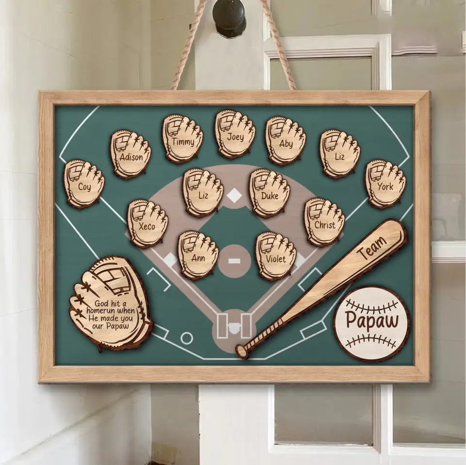 Personalized Baseball Wooden Sign - Up to 13 Kids - Gift Idea For Grandpa/Father/Baseball Lover - God Hit A Homerun When He Made You Our Papaw