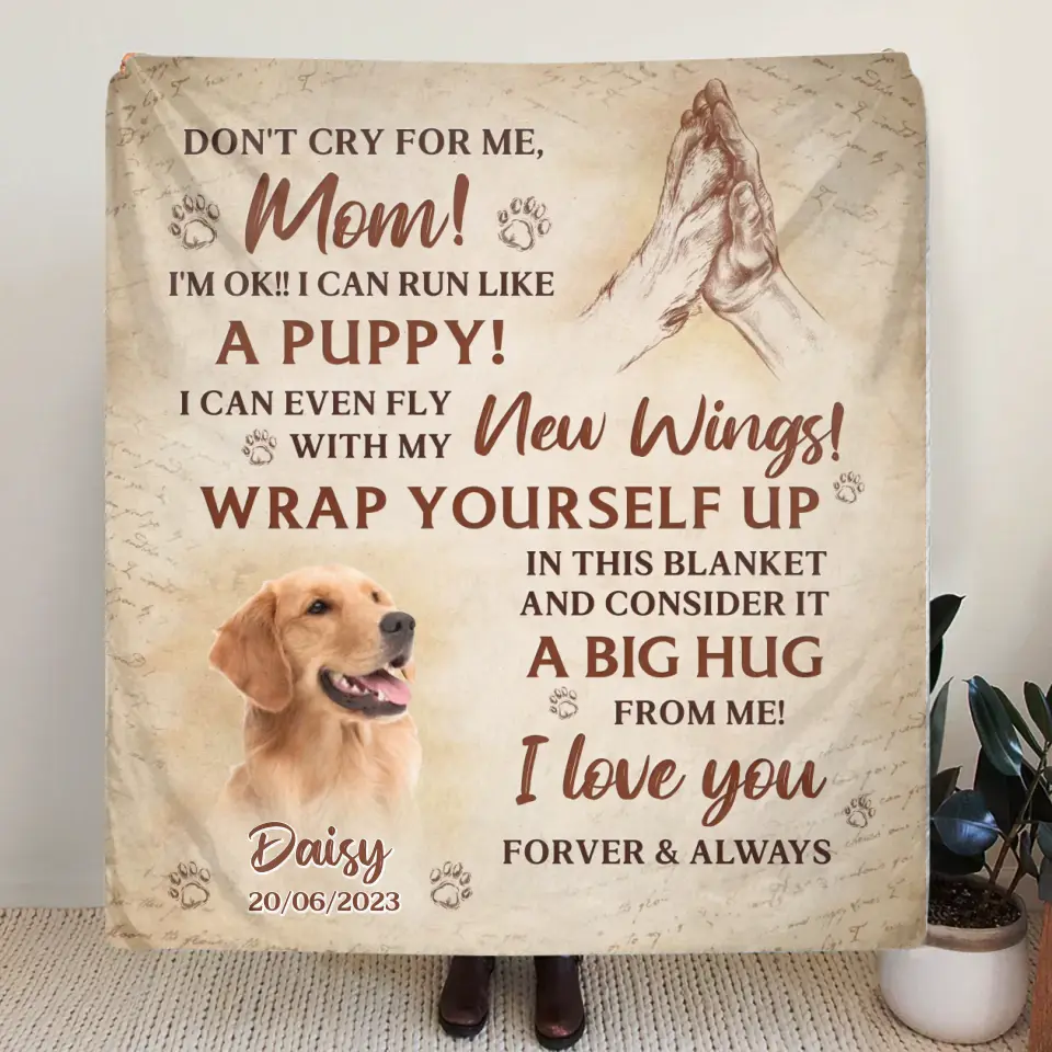 Personalized Memorial Dog Photo Quilt/Fleece Throw Blanket - Memorial Gift Idea for Dog Owners - Don't Cry For Me Mom! I'm Ok!