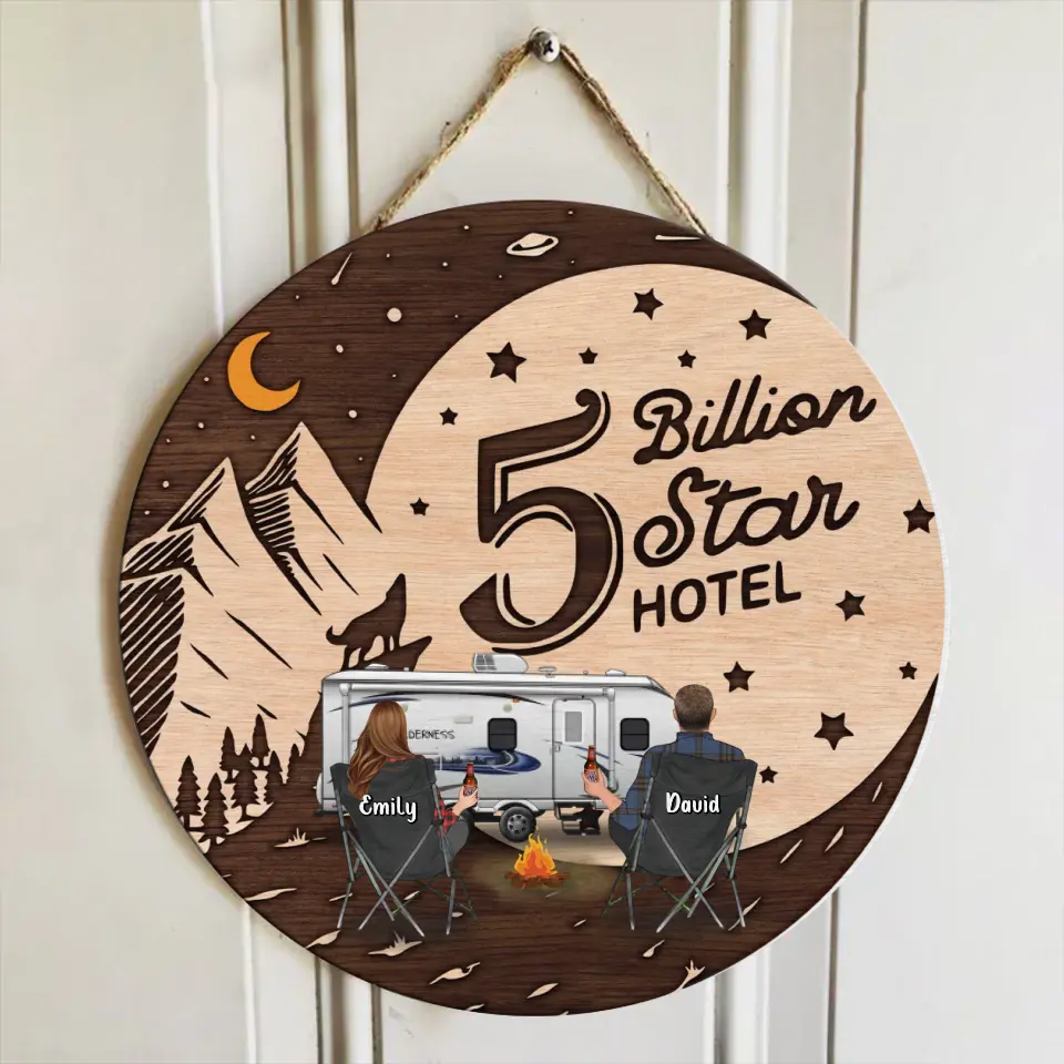 Personalized Camping Wooden Sign - Gift Idea For Family/Camping Lover - Couple/ Parents With Up to 3 Kids And 3 Pets - 5 Billion Star Hotel