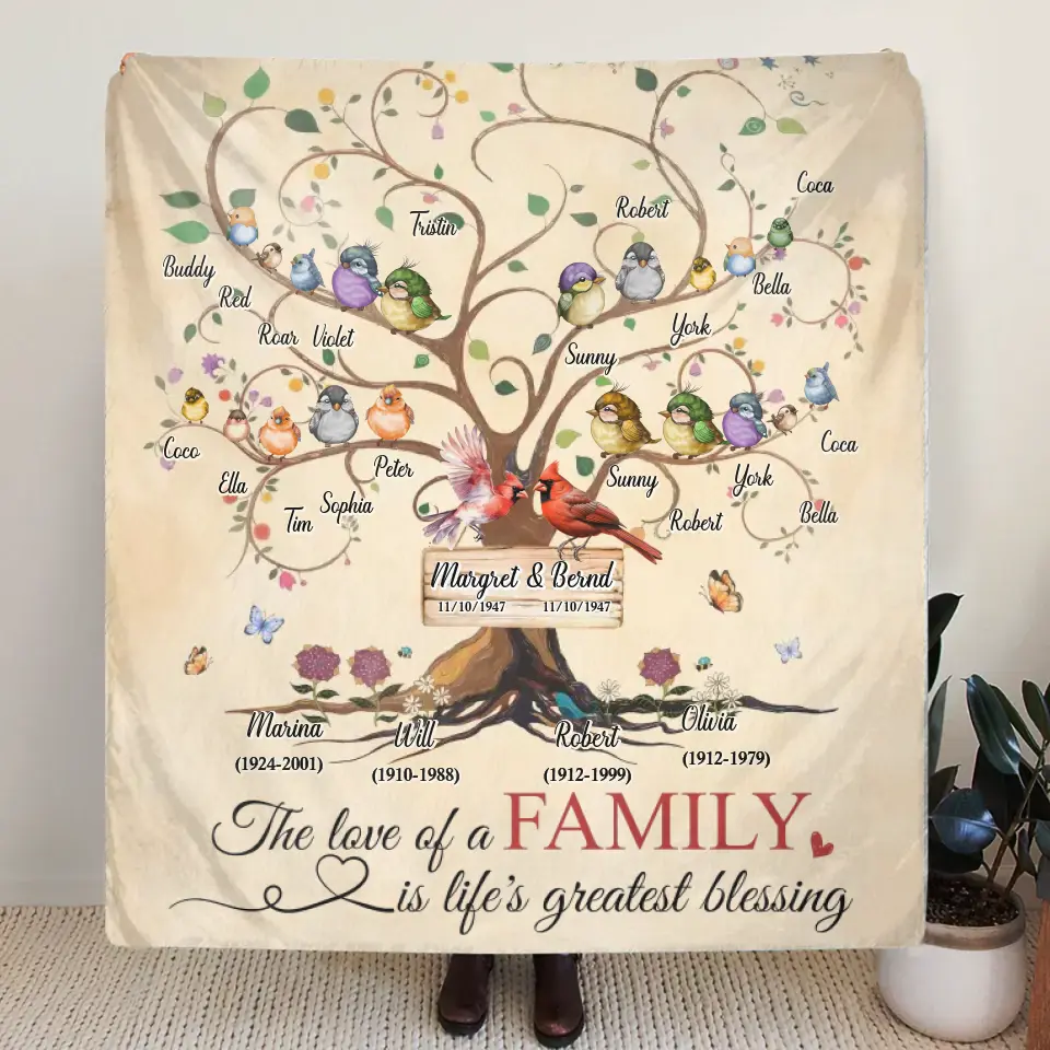 Personalized Memorial Family Quilt/Fleece Throw Blanket - Memorial Gift Idea - Family Of 4 Generations - The Love Of A Family Is Life's Greatest Blessing
