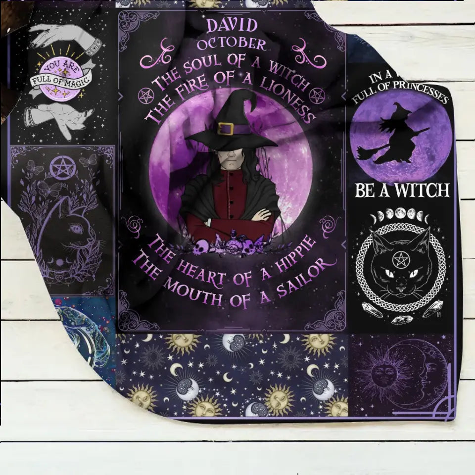 Personalized Witch Male Fleece Throw Blanket & Quilt - Halloween Gift Idea For Witch Lovers - October The Soul of A Witch The Fire Of A Lioness