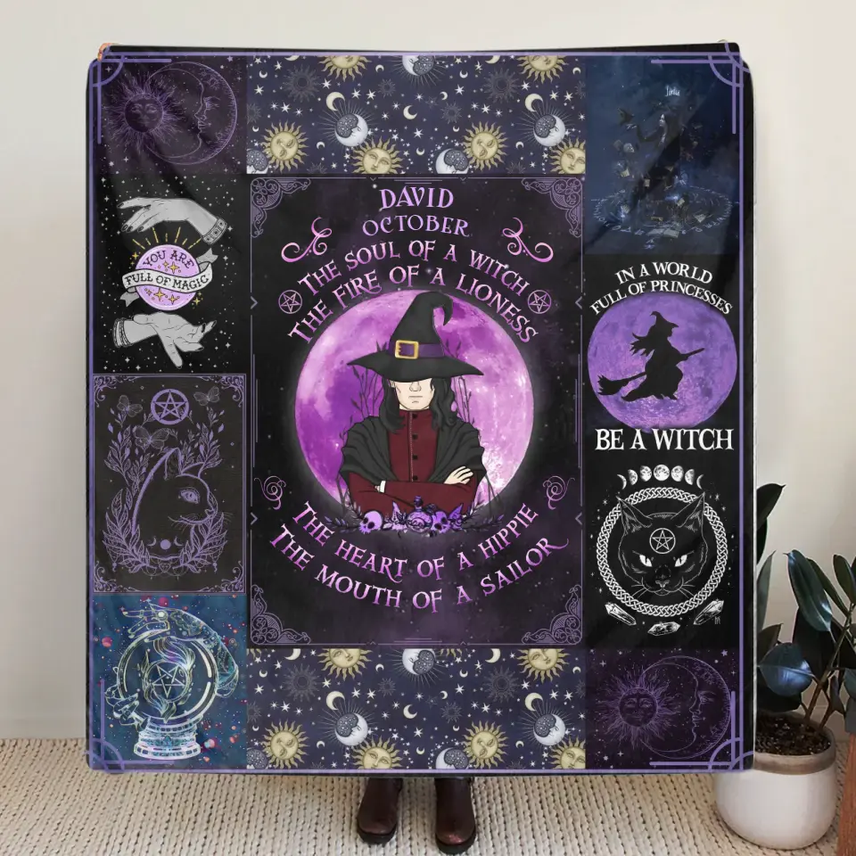Personalized Witch Male Fleece Throw Blanket & Quilt - Halloween Gift Idea For Witch Lovers - October The Soul of A Witch The Fire Of A Lioness