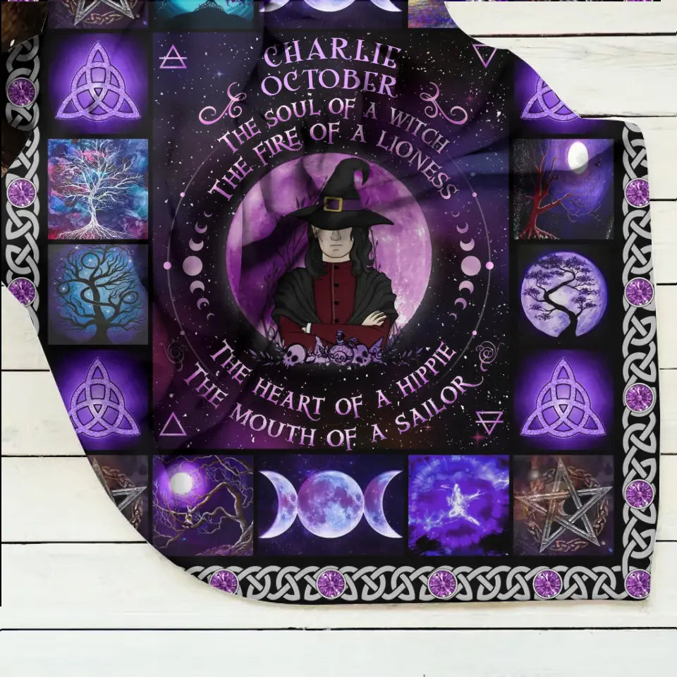 Personalized Witch Male Fleece Throw Blanket & Quilt - Halloween Gift Idea For Witch Lovers - October The Fire Of A Lioness