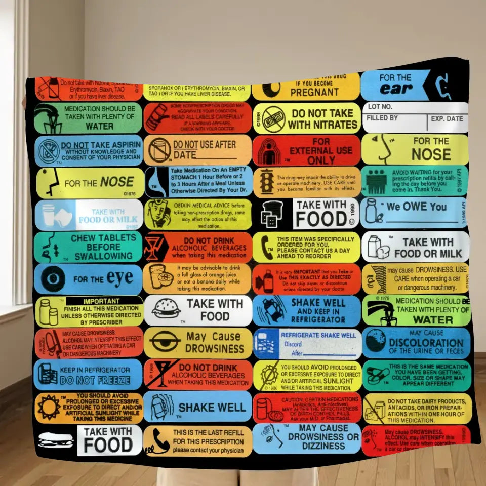Personalized Pharmacy Labels Quilt/Fleece Throw Blanket - Gift Idea For Friends/Family Member/Pharmacist