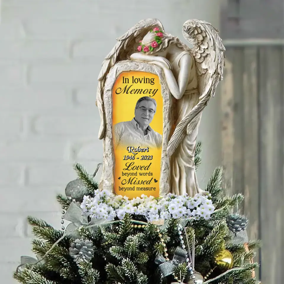 Personalized In Loving Memory Angel Tree Topper - Upload Photo - Memorial Gift Idea For Christmas - Loved Beyond Words Missed Beyond Measure