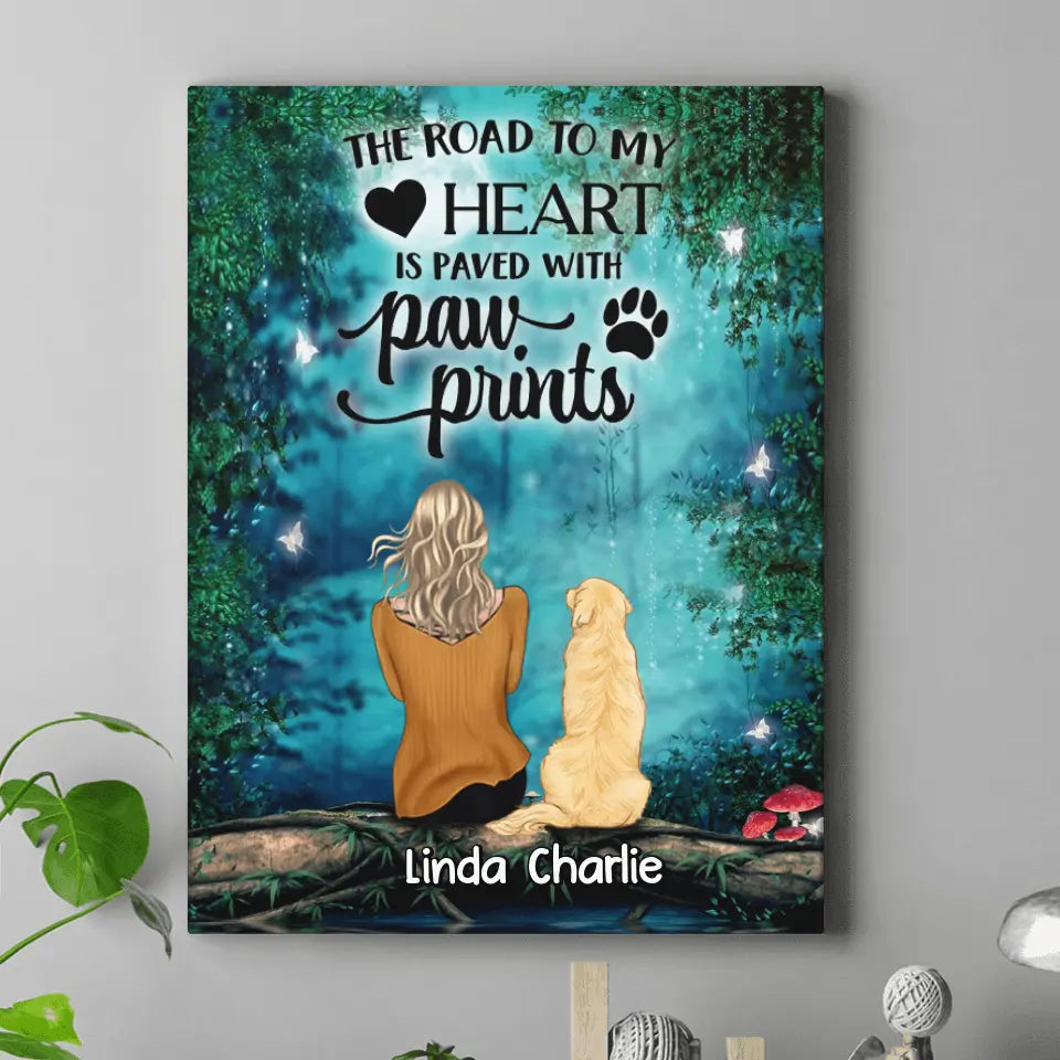 Personalized Memorial Dog Canvas - Up to 5 Dogs - Gift For Dog Lovers - The Road To My Heart Is Paved With Paw Prints