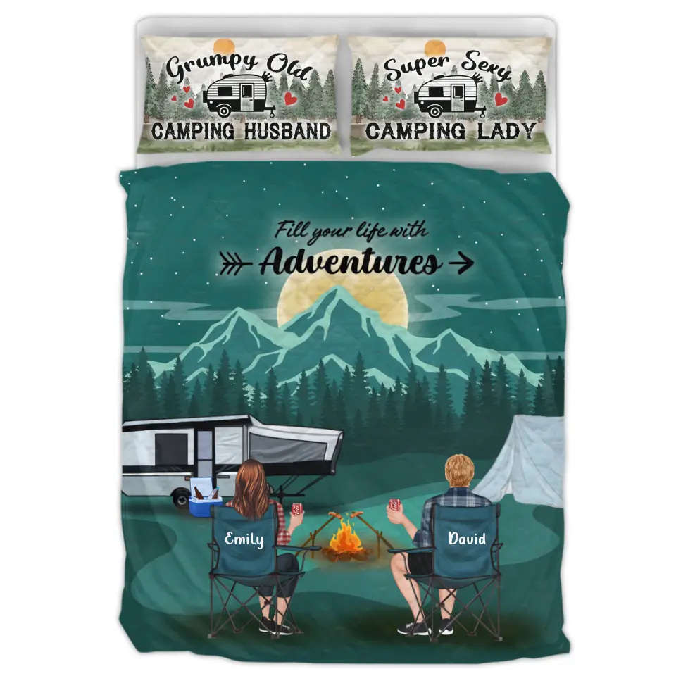 Personalized Camping Quilt Bed Sets - Gift Idea For Couple, Camping Lovers, Family - Up to 5 Kids, 4 Pets - Grumpy Old Camping Husband