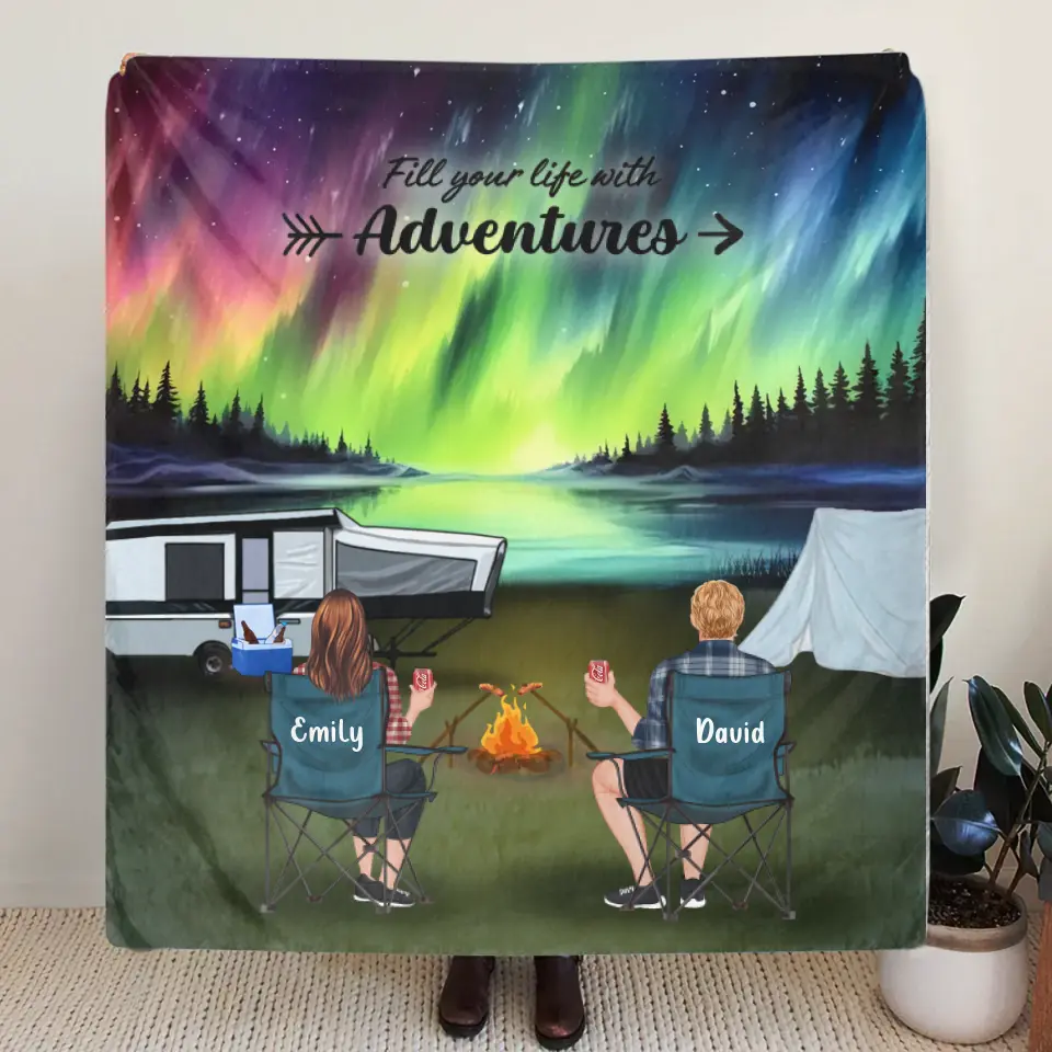 Personalized Northern Light Camping Quilt/Fleece Throw Blanket - Gift Idea For Couple, Camping Lovers, Family - Up to 5 Kids, 4 Pets - Fill Your Life With Adventures