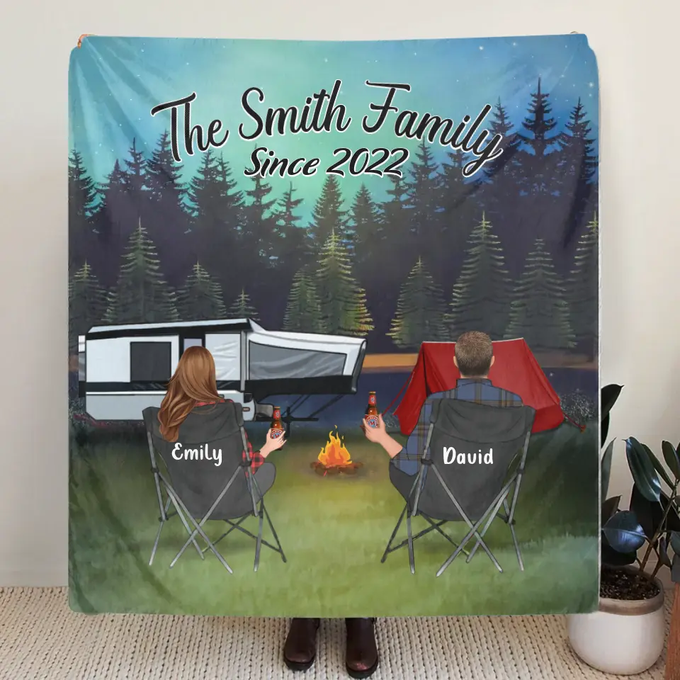 Personalized Camping Quilt/Fleece Throw Blanket - Gift Idea For Couple, Camping Lovers, Family - Up to 3 Kids, 3 Pets - The Family