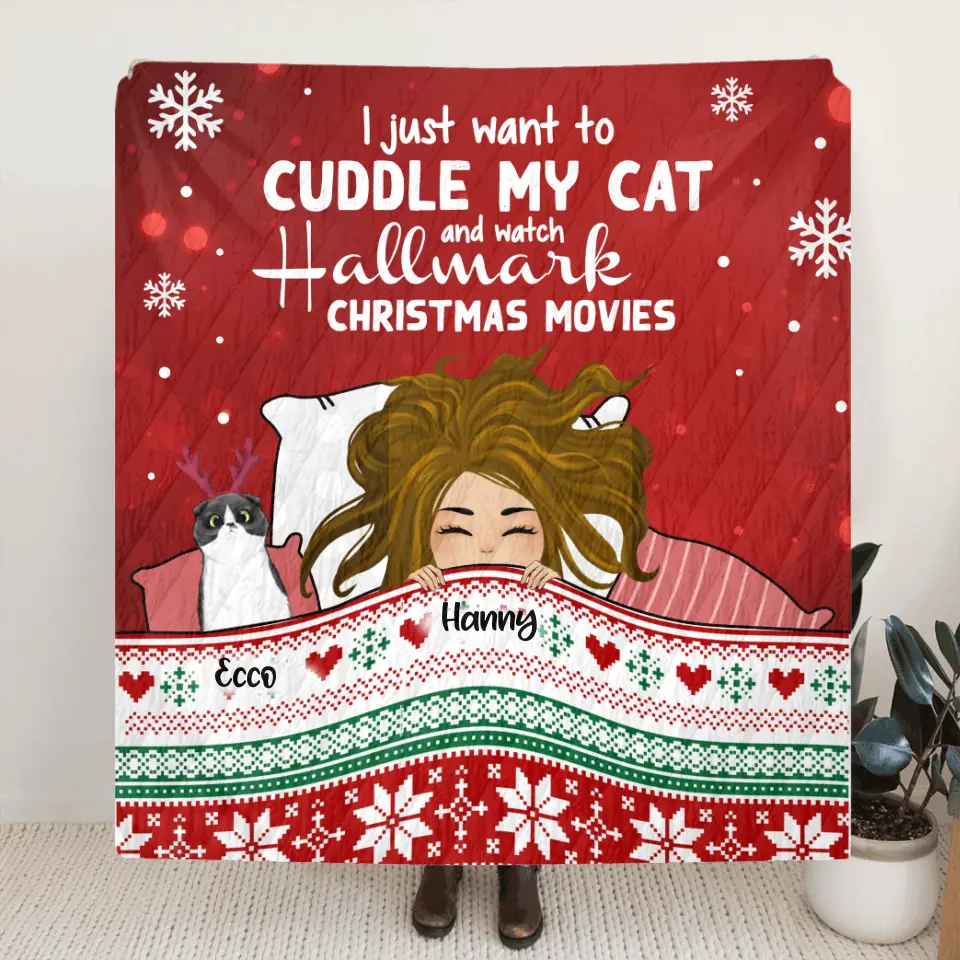 Personalized Christmas Sleeping With Pets Quilt/Fleece Blanket - Girl With Up to 4 Pets - Christmas Gift For Cat/Dog Lover - I Just Want To Cuddle My Pets