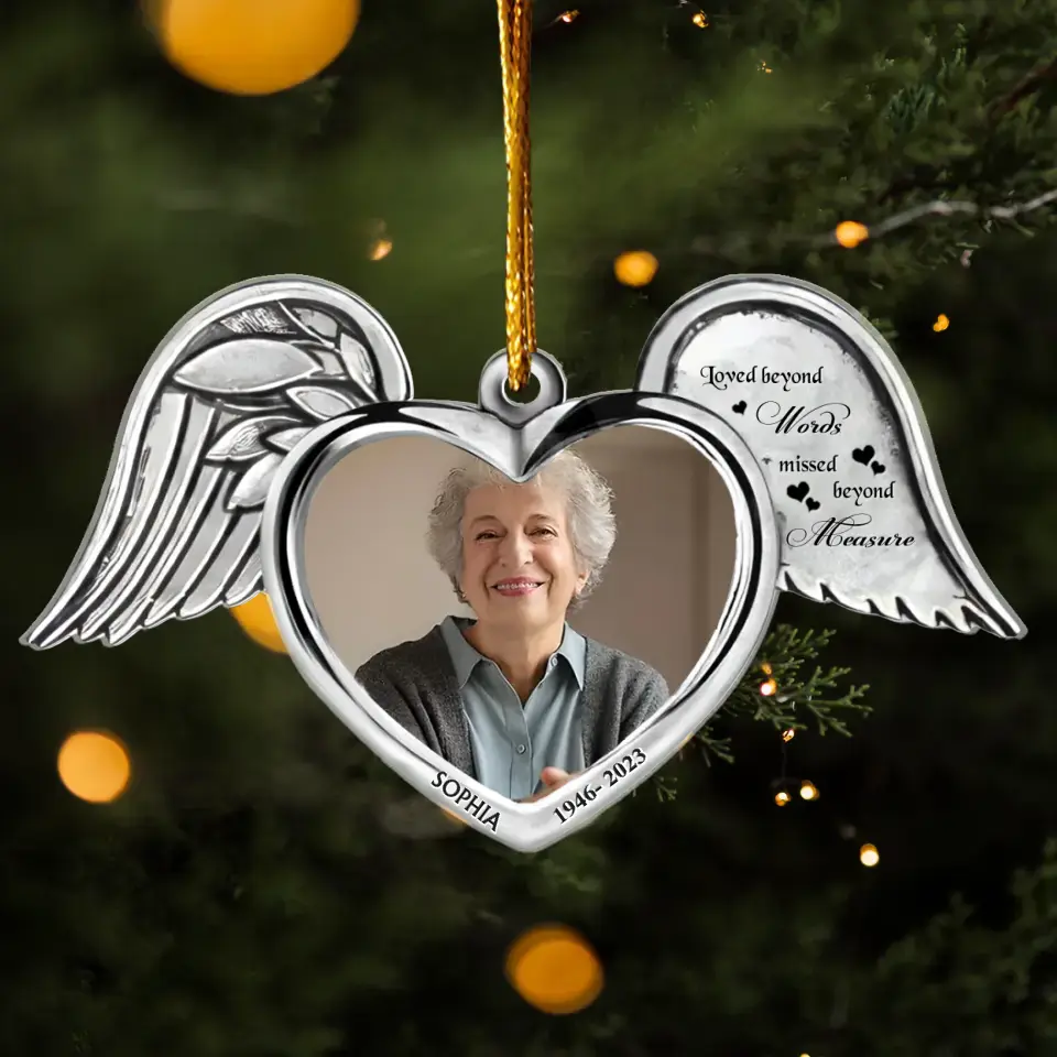 Personalized Memorial Wings Aluminum Ornament - Memorial Gift Idea For Christmas/Family Member - Upload Photo - Loved Beyond Words Missed Beyond Measure