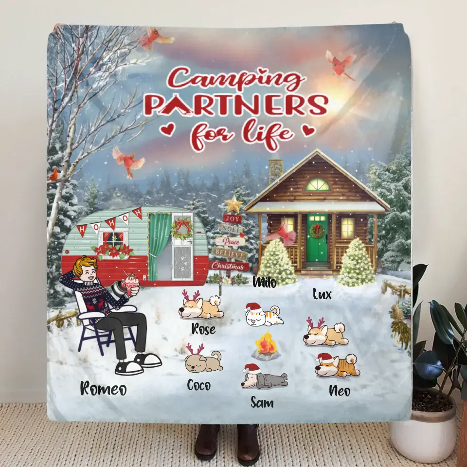 Personalized Christmas Camping Quilt/Fleece Throw Blanket - Adult/Couple With Up to 6 Pets - Christmas Gift For Dog/Cat Lover - Camping Partners For Life