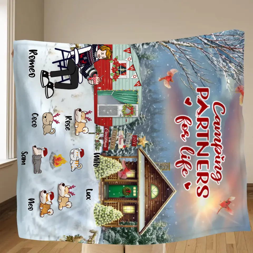 Personalized Christmas Camping Quilt/Fleece Throw Blanket - Adult/Couple With Up to 6 Pets - Christmas Gift For Dog/Cat Lover - Camping Partners For Life