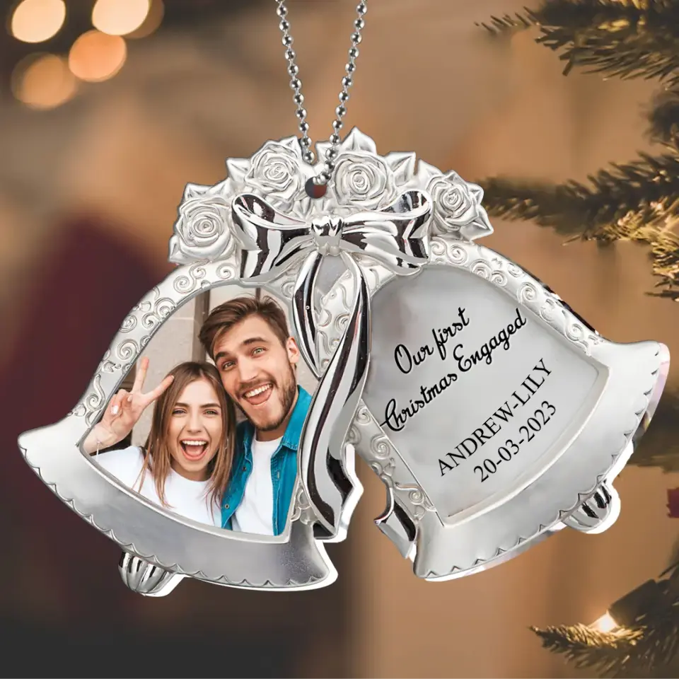 Personalized Couple Bells Acrylic Ornament - Upload Photo - Christmas/Anniversary Gift For Couple - Our First Christmas Engaged