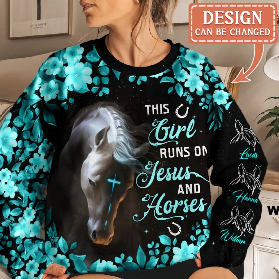 Personalized Horse Ear AOP Sweater - Up to 5 Names - Gift Idea For Horse Lover - This Girl Runs On Jesus And Horses